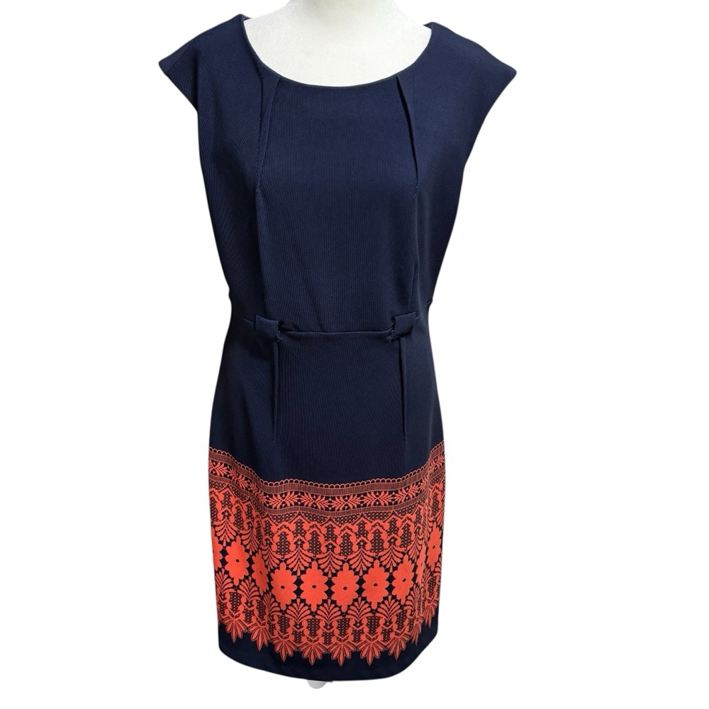 ILE New York Navy Blue Orange Lace Print Sheath Dress Size 8 Sleeveless #280
